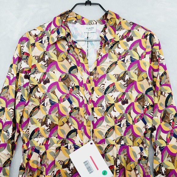 Claude Milano Multicolor Abstract Print Button Front Long Sleeve Midi Dress P446 - Picture 3 of 8